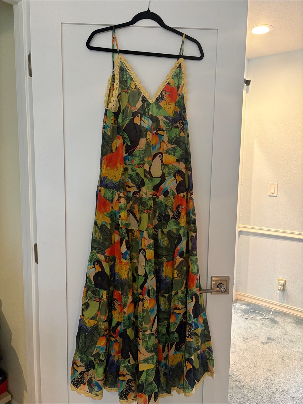 FARM Rio Tropical Toucan Print Maxi Dress in Green, Yellow, Orange, Black